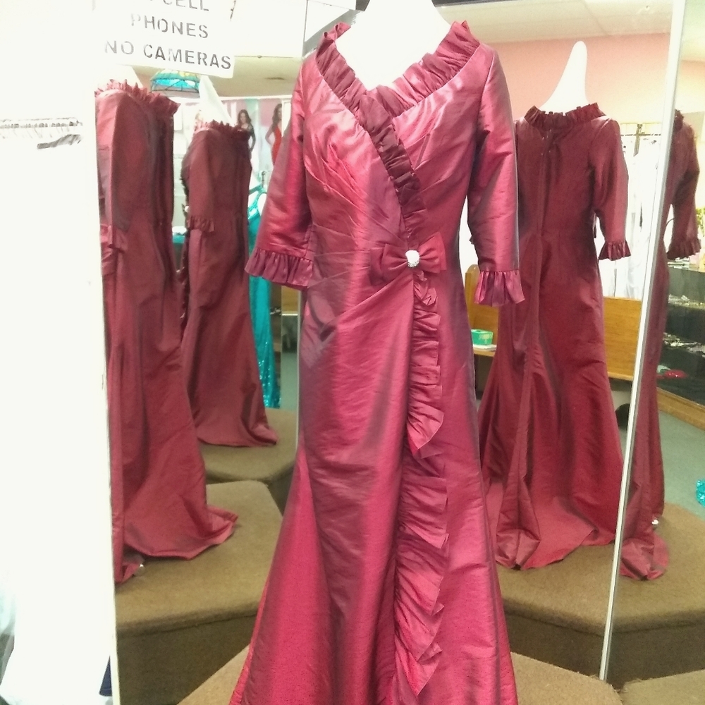 Formal burgundy, long sleeve, taffeta gown